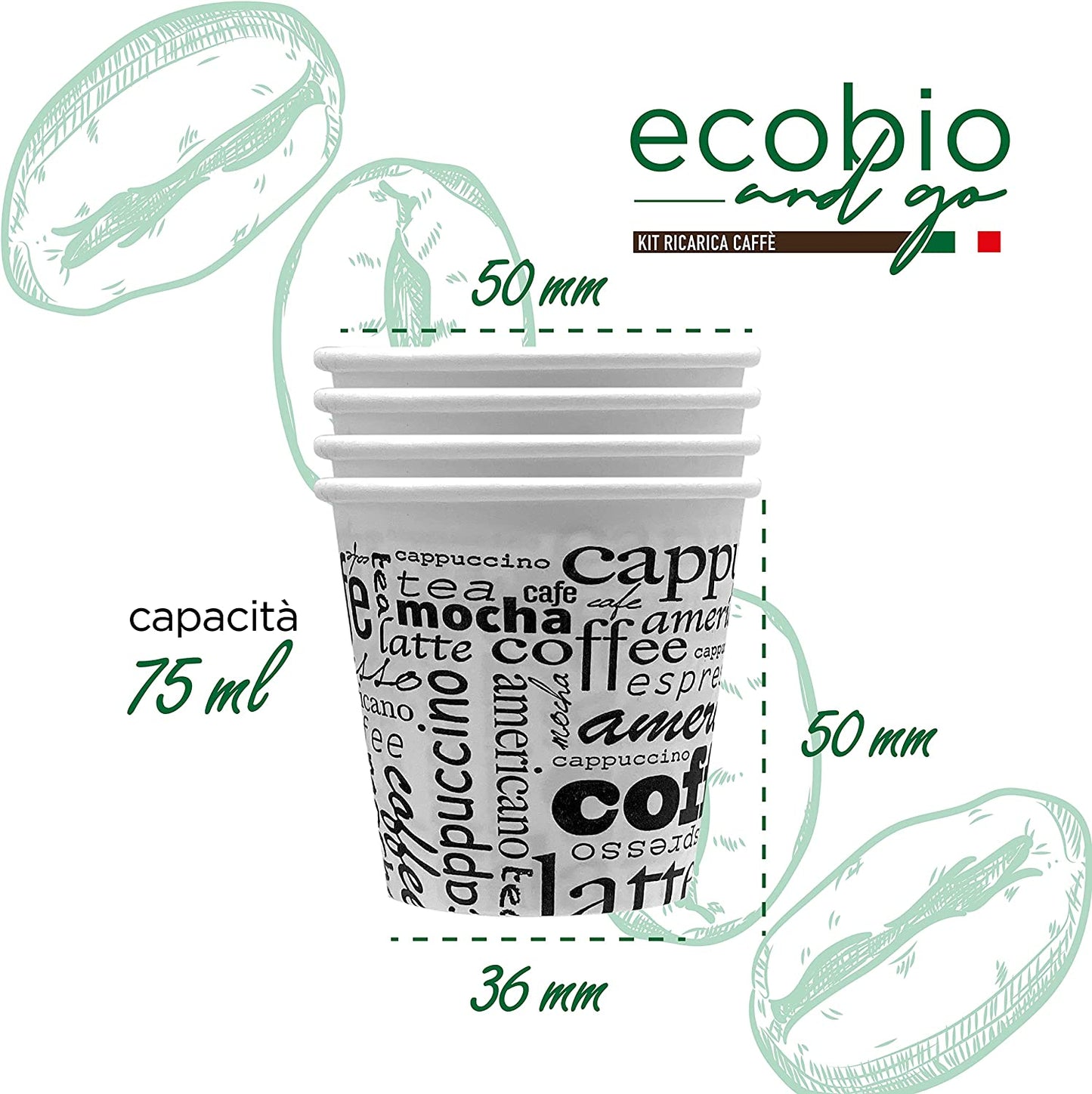 Ecobio and Go Bicchierini Caffè in Carta 1000 Pezzi e 200 Coperchi, Bicchieri Caffe Monouso Biodegradabili 75 ml, Tazzine caffè usa e getta