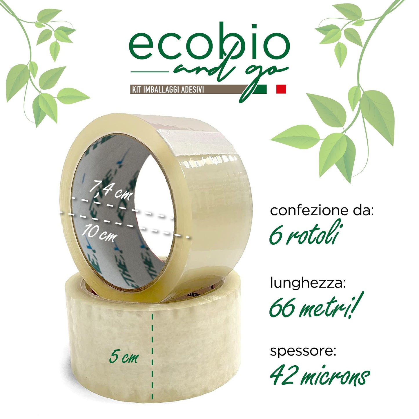 ECOBIO and GO Nastro Adesivo per Imballaggio Pacchi 50x66 Metri Resistente all'Acqua…(TRASPARENTE)