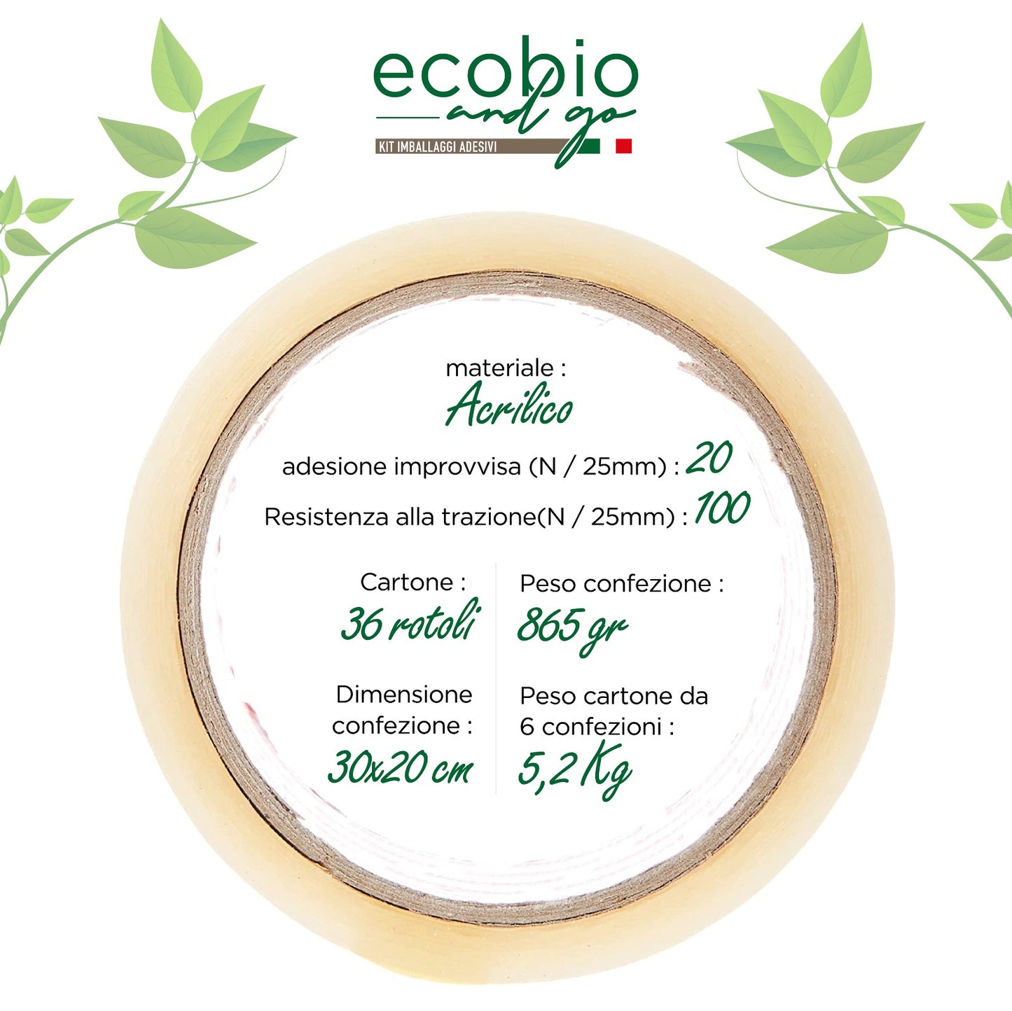 ECOBIO and GO Nastro Adesivo per Imballaggio Pacchi 50x66 Metri Resistente all'Acqua…(TRASPARENTE)