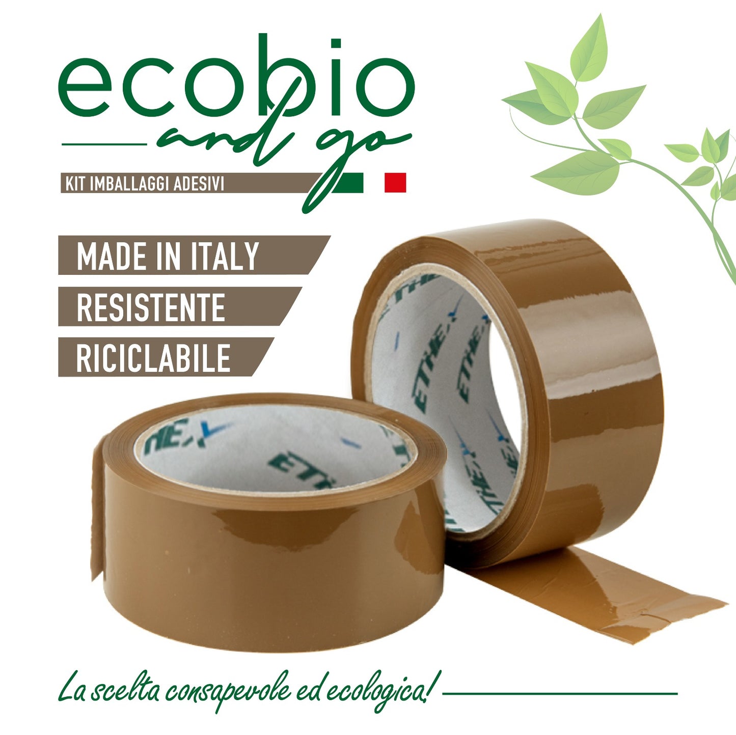 ECOBIO and GO Nastro Adesivo per Imballaggio Pacchi 50x66 Metri Resistente all' Acqua (AVANA)