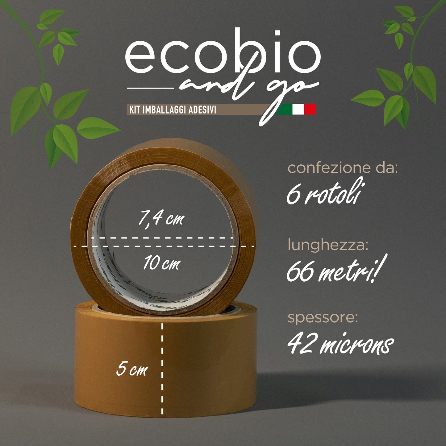 ECOBIO and GO Nastro Adesivo per Imballaggio Pacchi 50x66 Metri Resistente all' Acqua (AVANA)