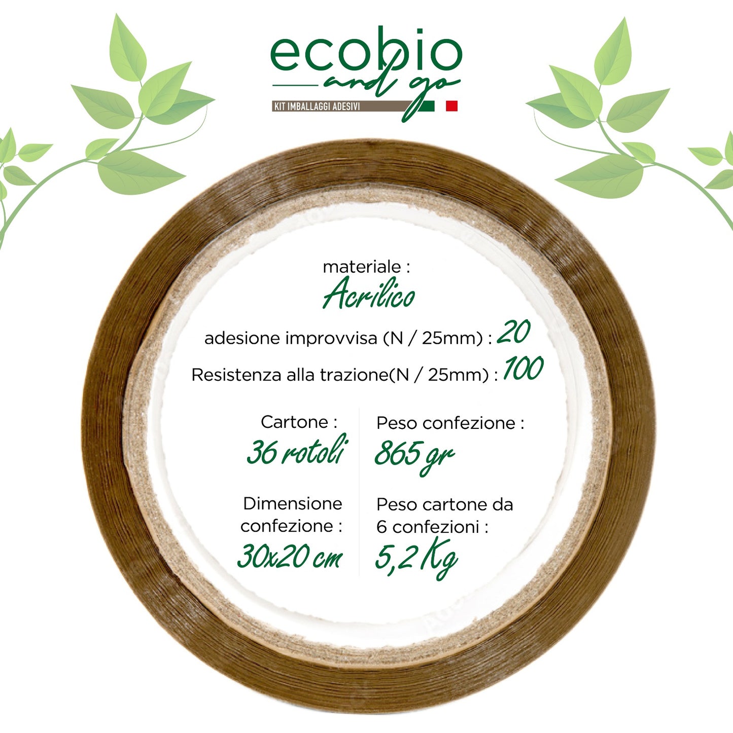 ECOBIO and GO Nastro Adesivo per Imballaggio Pacchi 50x66 Metri Resistente all' Acqua (AVANA)